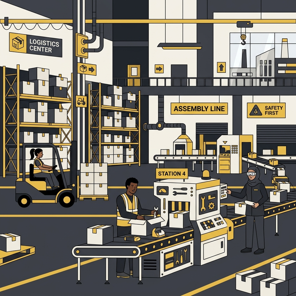 Corporate Memphis workers on assembly line