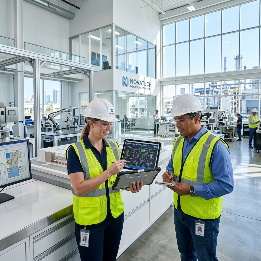 Hyper realistic bright clean modern industrial site with engineers